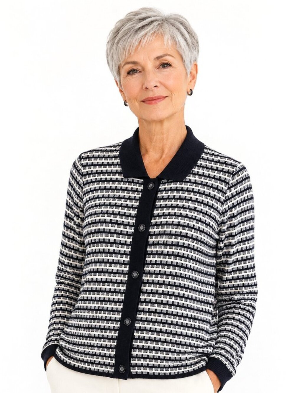 Misook Petite Black White Stripe Cardigan Sweater